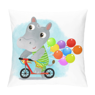 Personality  Cartoon Scene With Happy Little Boy Hippo Hippopotamus Having Fun Riding Scooter On White Background Illustration For Kids Pillow Covers