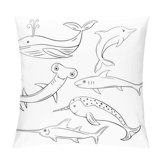 Personality  Sea Life Set. Hand Drawn , Blowfish, Hammerhead Shark, Whale, Shark, Manta Ray, Dolphin, Narwhal. Vector Doodle Illustration Collection. Pillow Covers