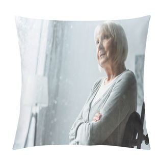 Personality  Selective Focus Of Pensive Disabled Senior Woman With Grey Hair Pillow Covers