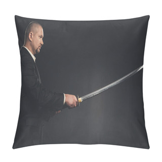 Personality  Side View Of Man In Suit With Katana Sword Isolated On Black Pillow Covers