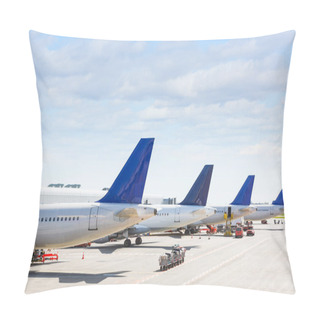 Personality  Tails Of Some Airplanes At Airport During Boarding Operation Pillow Covers
