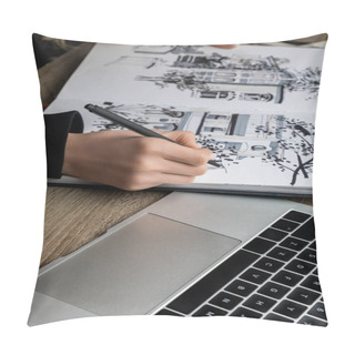 Personality  Selective Focus Of Womans Hands Drawing In Album On Wooden Table Next To Laptop Pillow Covers