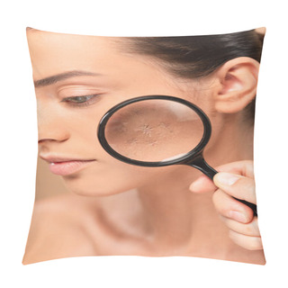 Personality  Cropped View Of Man Holding Magnifier Near Young Naked Woman With Problem Skin Isolated On Beige  Pillow Covers