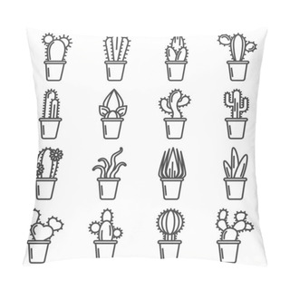 Personality  Cactus Icons Set. A Simple Linear Image Of Various Varieties Of Cacti In Pots. Isolated Vector On A White Background. Pillow Covers