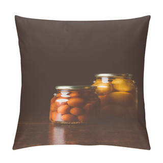 Personality  Glass Jars With Preserved Red And Yellow Tomatoes On Wooden Table In Dark Kitchen  Pillow Covers