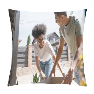 Personality  Cheerful African American Woman Unpacking Carton Box With Boyfriend Near New House Outdoors Pillow Covers
