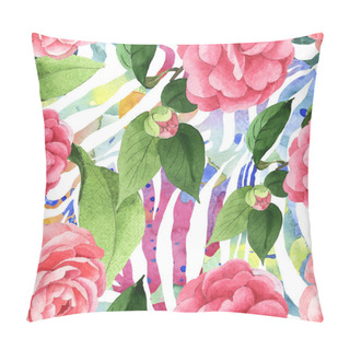 Personality  Pink Camellia Flowers With Green Leaves On Zebra Background. Watercolor Illustration Set. Seamless Background Pattern.  Pillow Covers