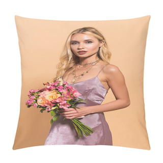 Personality  Elegant Blonde Woman In Violet Satin Dress And Necklace Holding Bouquet Of Flowers Isolated On Beige Pillow Covers