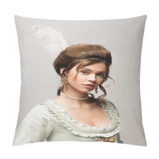 Personality  Pretty Young Woman In Vintage Outfit Looking At Camera Isolated On Grey Pillow Covers