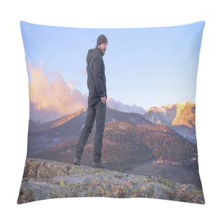 Personality  Man On Top Watching A Beautiful Sunrise In The Sunny Snowy Mount Pillow Covers