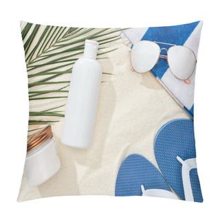 Personality  White Sunscreen Lotion And Cream Near Green Palm Leaf On Sand With Blue Flip Flops, Sunglasses And Towel Pillow Covers