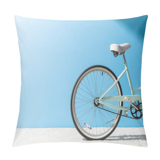 Personality  Back Wheel Of Bicycle Standing On Carpet In Front Of Blue Wall Pillow Covers
