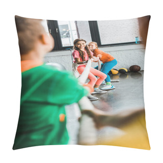 Personality  Enthusiastic Kids Playing Tug Of War In Gym Pillow Covers