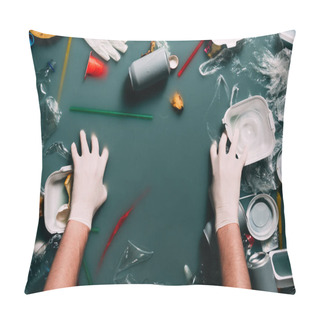 Personality  Partial View Of Man In Latex Gloves Cleaning Water From Trash, Ecology Protection Concept Pillow Covers