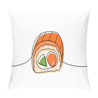 Personality  Philadelphia Sushi Roll One Line Colored Continuous Drawing. Japanese Cuisine, Traditional Food Continuous One Line Illustration. Vector Linear Illustration. Isolated On White Background Pillow Covers