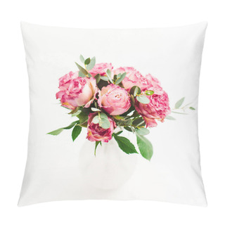 Personality  Pink Rose Flowers Bouquet On White Background. Minimal Festive Flower Concept. Pillow Covers