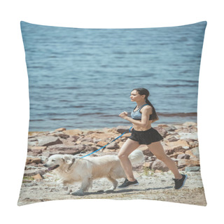 Personality  Young Asian Female Jogger Running With Golden Retriever On Beach  Pillow Covers