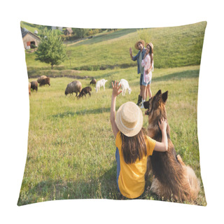 Personality  Girl With Cattle Dog Waving Hand To Happy Parents Herding Livestock In Green Pasture Pillow Covers