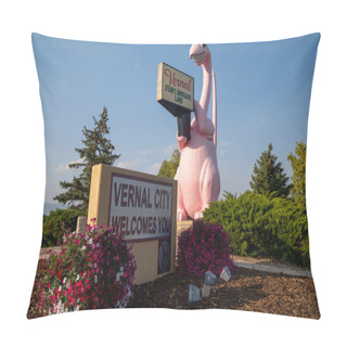 Personality  Vernal, Utah - September 24, 2020: Sign For Vernal Utah, With Its Famous Pink Dinosaur Statue, Taken At Dusk Pillow Covers