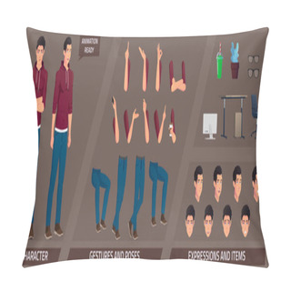 Personality  Stylized Characters Set For Animation With Caucasian Man Wearing Hoodie And Some Body Parts And Furnitures Vector Pillow Covers