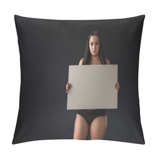 Personality  Front View Of Serious Plus Size Girl With Empty Board On Black Background Pillow Covers