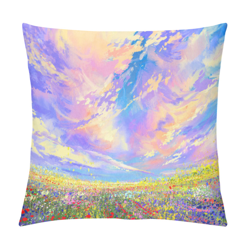Personality  colorful flowers in field under beautiful clouds pillow covers