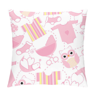 Personality  Seamless Background Of Baby Shower Illustration With Cute Pink Baby Clothes, Sock, And Owl Suitable For Baby Wallpaper, Postcard ,and Scrap Paper Pillow Covers