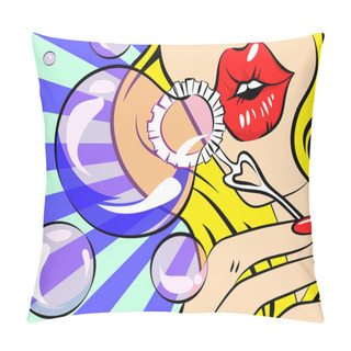 Personality  Girl Making Soap Bubbles. Vector Retro Styled Illustration. Blonde Woman In Pop Art Style. Pillow Covers