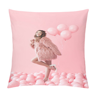 Personality  Full Length Portrait Of Happy Glamour Woman With Pink Balloons On Pink Pastel Background Pillow Covers