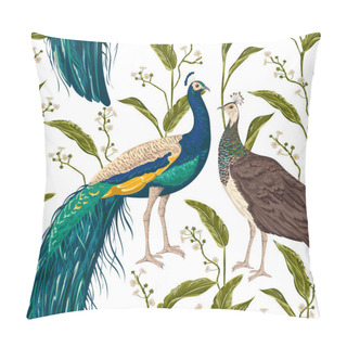 Personality  Seamless Pattern With Male And Female Peacock, Flowers And Leaves. Vintage Hand Drawn Vector Illustration In Watercolor Style Pillow Covers