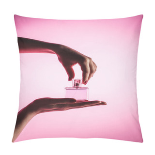 Personality  Cropped View Of Woman Holding Perfume Spray Bottle, Isolated On Pink Pillow Covers