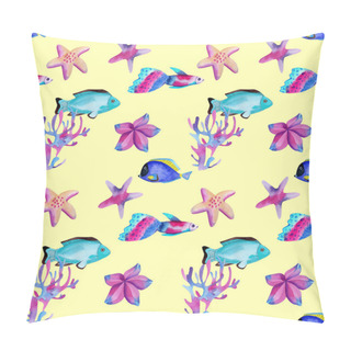 Personality  Seamless Pattern With Watercolor Oceanic Fishes And Starfishes At The Bottom Of The Ocean, Hand Painted On A Yellow Background Pillow Covers