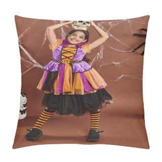 Personality  Cheerful Girl In Halloween Dress Standing With Skull On Head On Brown Background, Spooky Season Pillow Covers