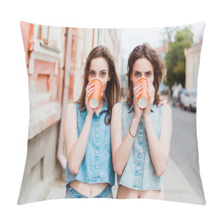 Personality  Brunette Girlfriends Drinking Coffee Pillow Covers