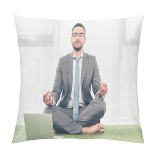 Personality  Businessman Sitting On Grass Mat Near Laptop And Meditating In Lotus Pose  Pillow Covers