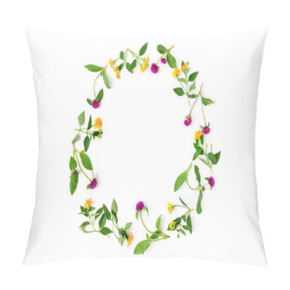 Personality  Frame Colorful Bright Pattern Of Meadow Herbs And Flowers On White Background. Flat Lay, Top View. Pillow Covers
