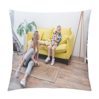 Personality  Positive Kid Hugging Jack Russell Terrier Near Mom On Floor At Home  Pillow Covers