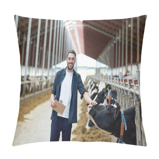 Personality  Farmer With Clipboard And Cows In Cowshed On Farm Pillow Covers