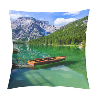 Personality  Lake Braies (also Known As Pragser Wildsee Or Lago Di Braies) In Dolomites Mountains, Sudtirol, Italy. Romantic Place With Typical Wooden Boats On The Alpine Lake.  Hiking Travel And Adventure. Pillow Covers