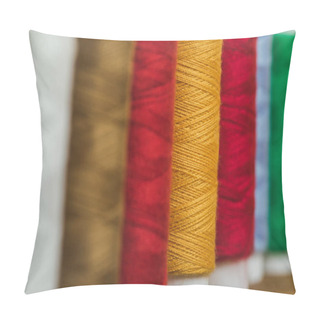 Personality  Selective Focus Of Colorful Cotton Thread Coils In Row With Copy Space Pillow Covers