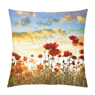 Personality  Red Poppy Flowers In The Spring Field At Sunset. Pillow Covers