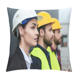Personality  Female Engineer And Male Workers In Helmets On Construction Pillow Covers
