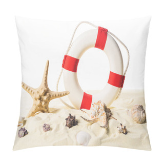 Personality  Life Ring And Seashells In Sand Isolated On White Pillow Covers