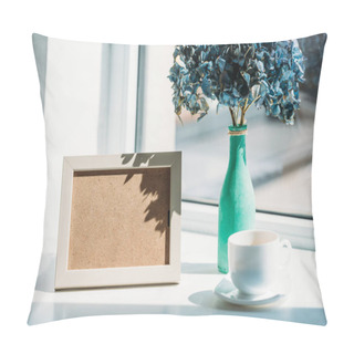 Personality  Close Up View Of Empty Photo Frame, Cup Of Coffee And Bouquet Of Hortensia Flowers In Vase On Windowsill Pillow Covers