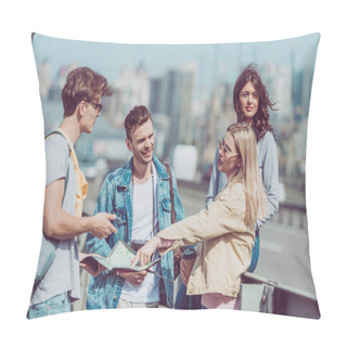 Personality  Young Tourists With Backpacks And Map Traveling Together Pillow Covers