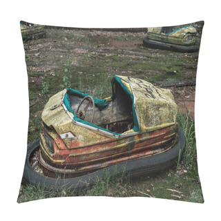 Personality  PRIPYAT, UKRAINE - AUGUST 15, 2019: Abandoned And Damaged Bumper Cars In Amusement Park  Pillow Covers