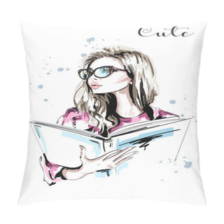 Personality  Hand Drawn Beautiful Woman With Book. Fashion Woman In Eyeglasses. Stylish Blond Hair Girl Portrait. Sketch. Vector Illustration.  Pillow Covers