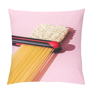 Personality  Flat Iron, Spaghetti And Wavy Instant Noodles On Pink, Hair Straightening Concept Pillow Covers