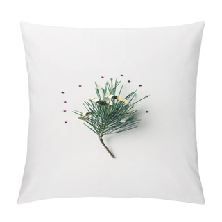 Personality  Top View Of Little Pine Tree Branch With Ribbon And Glitters On White Surface Pillow Covers