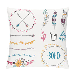 Personality  Vector Colorful Ethnic Set With Arrows, Feathers, Crystals, Floral Frames, Borders. Modern Romantic Boho Style. Templates For Invitations, Scrapbooking. Hippie Design Elements. Pillow Covers